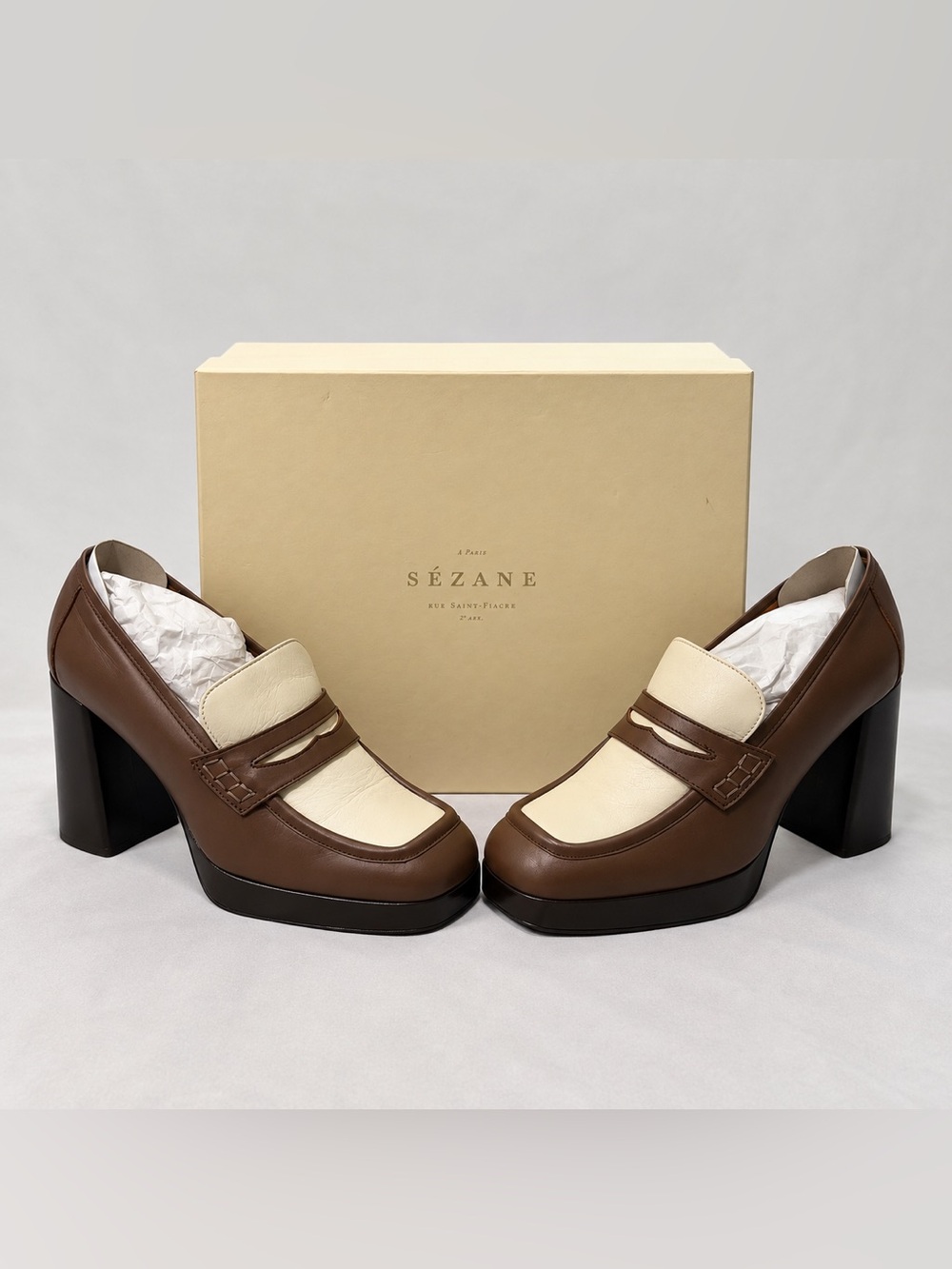 Sezane Jessie Loafers Platform Block Heel Brown Cream Leather Size 11 / 42